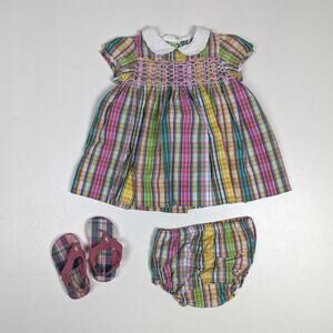 Ralph Lauren Rainbow Plaid Smocked Dress Baby Girls Sz 6m Pink Preppy Classic